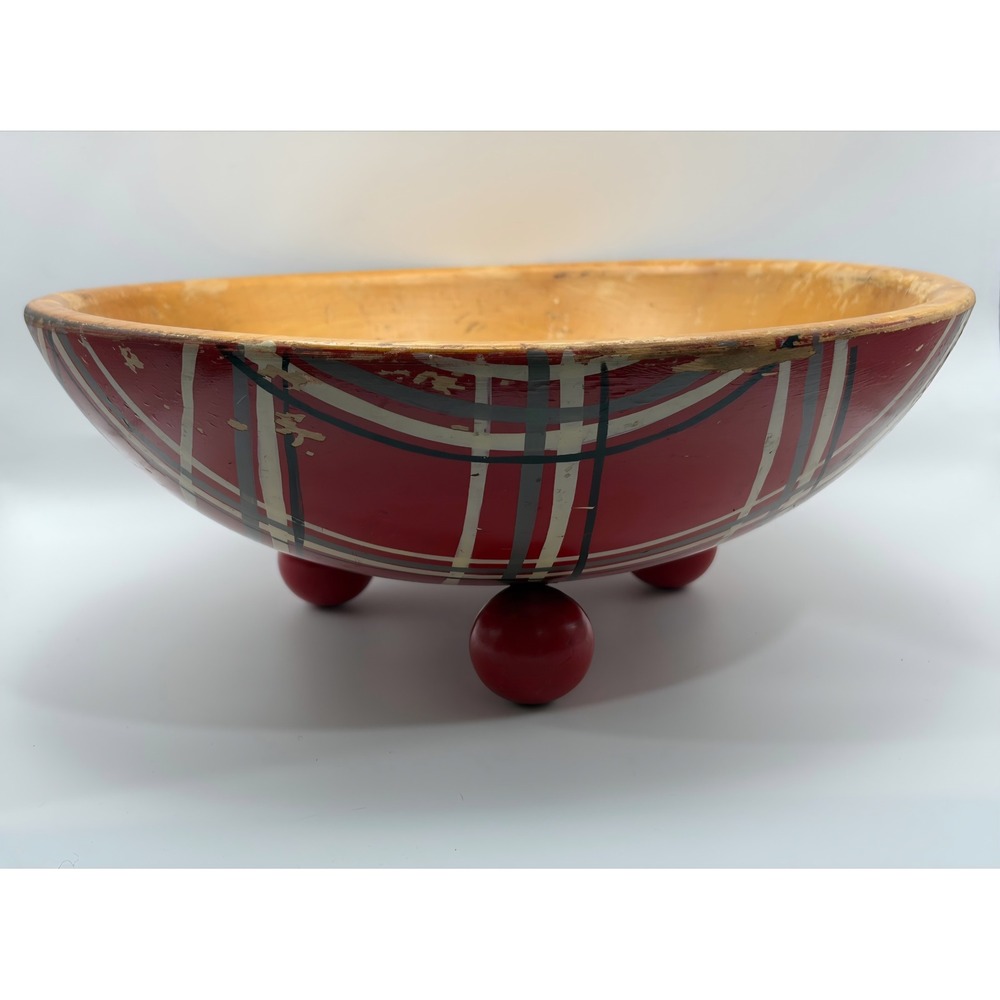 Vintage Hand Painted Red Plaid Wooden Bowl Tripod Ball Feet Primitive Rustic